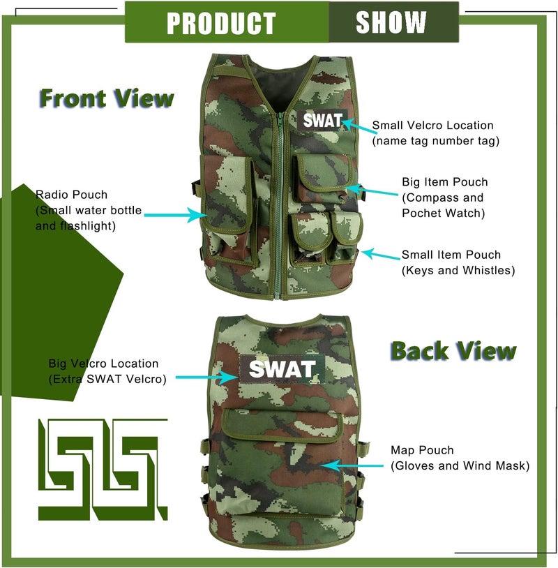 Green Bean Kids Outdoor Tactical Vest, Children's Combat Vest Adjustable Breathable Vest with Kids Half Finger Short Gloves - Image 3